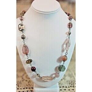 Beautiful Vintage Silver Tone Necklace w/ Glass Lucite  Beads Pink Green 40”